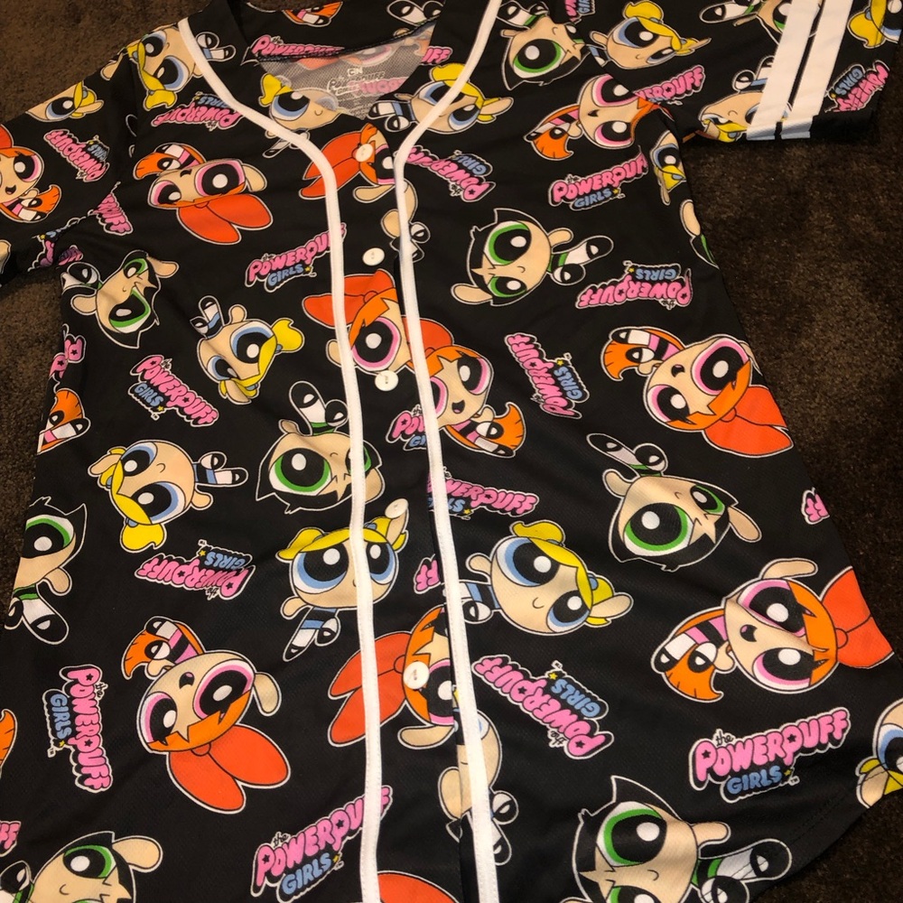The Powerpuff Girls Baseball Jersey Women's Button Shirt Black - Picture 2 of 4